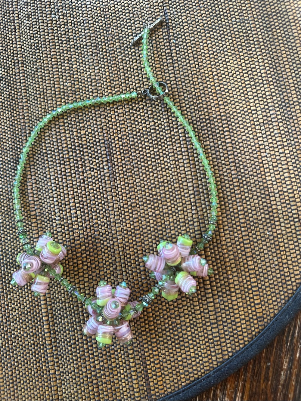 Green Beaded Necklace with Pink Floral Glass Accents